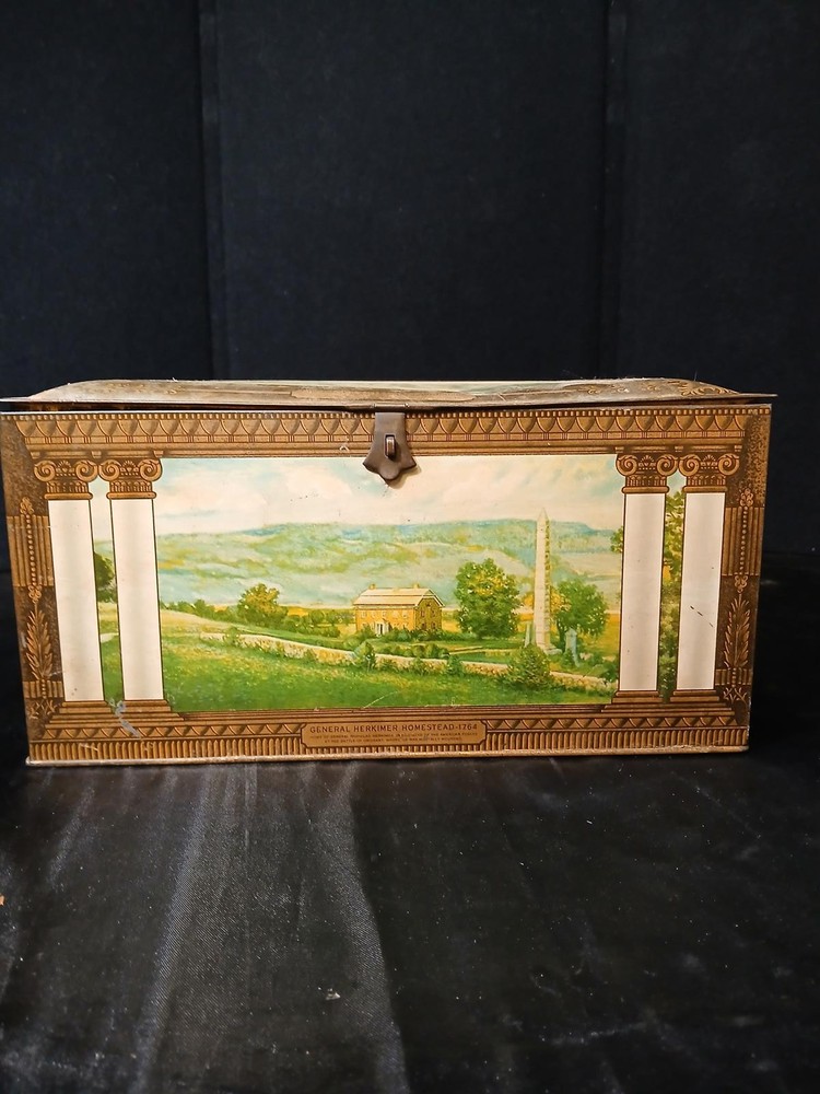 Vintage Scenic Tin Storage Box with Lock
