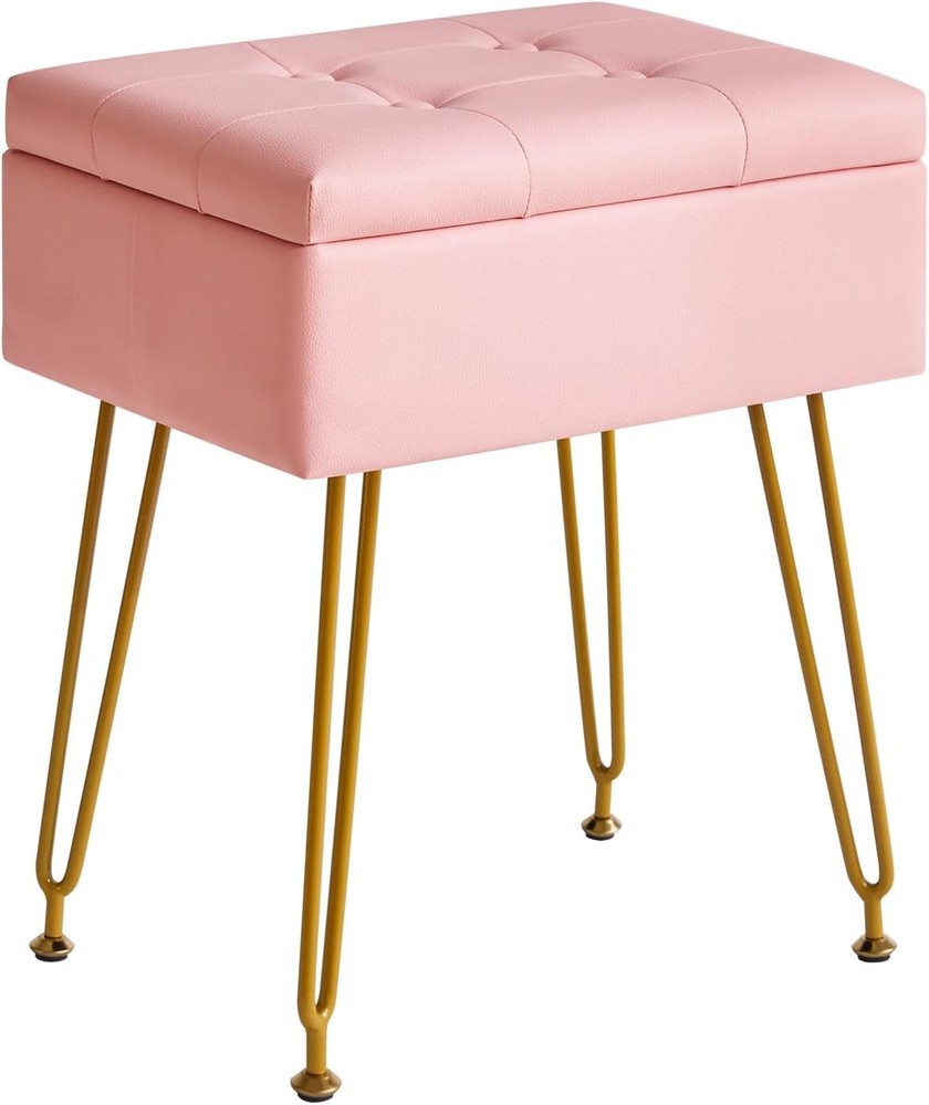 Multifunctional Storage Vanity Stool W/ Flip Tabletop Adjustable Metal Legs & PU