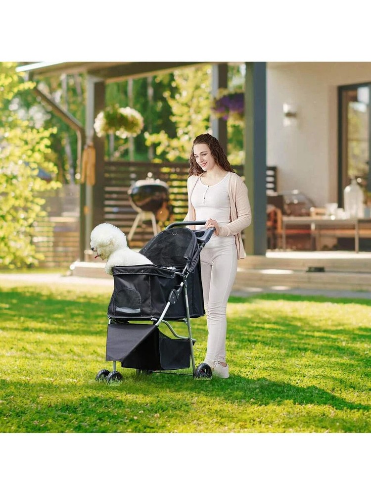 3 Wheels Pet Stroller Cats Dog Strollers Storage Basket Cup Holder