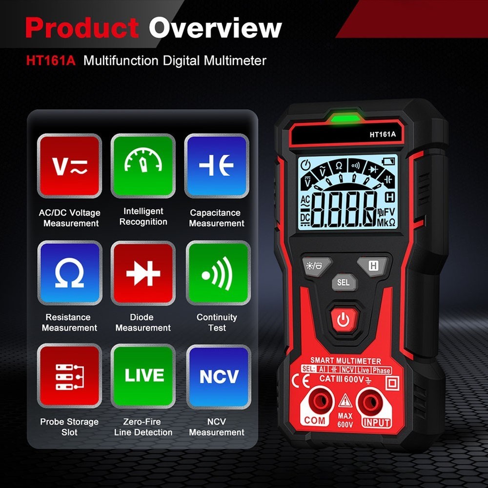HT161A Auto Range Multimeter 4000 Counts Backlit LCD NCV and Diode Test