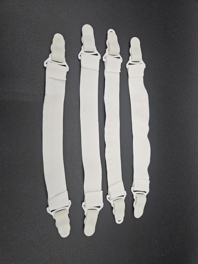 Set of 4 White Adjustable Elastic Bed Sheet Grippers with Clips