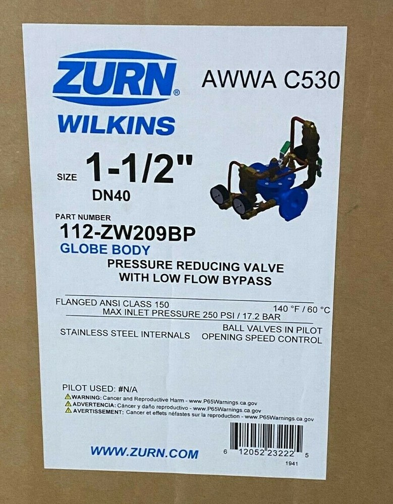 NEW ZURN 1 1/2" Pressure Reducing Valve With Low Flow Bypass DN410 12-ZW209BP