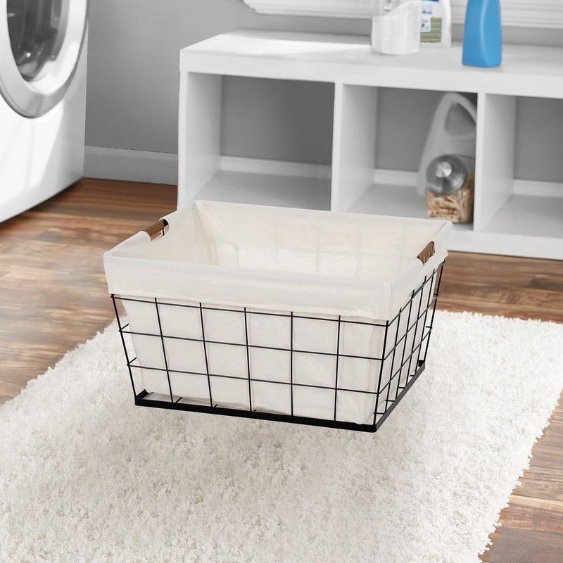 Rectangular Steel Wire Laundry Basket W/ Removable Cotton Liner Easy Transport