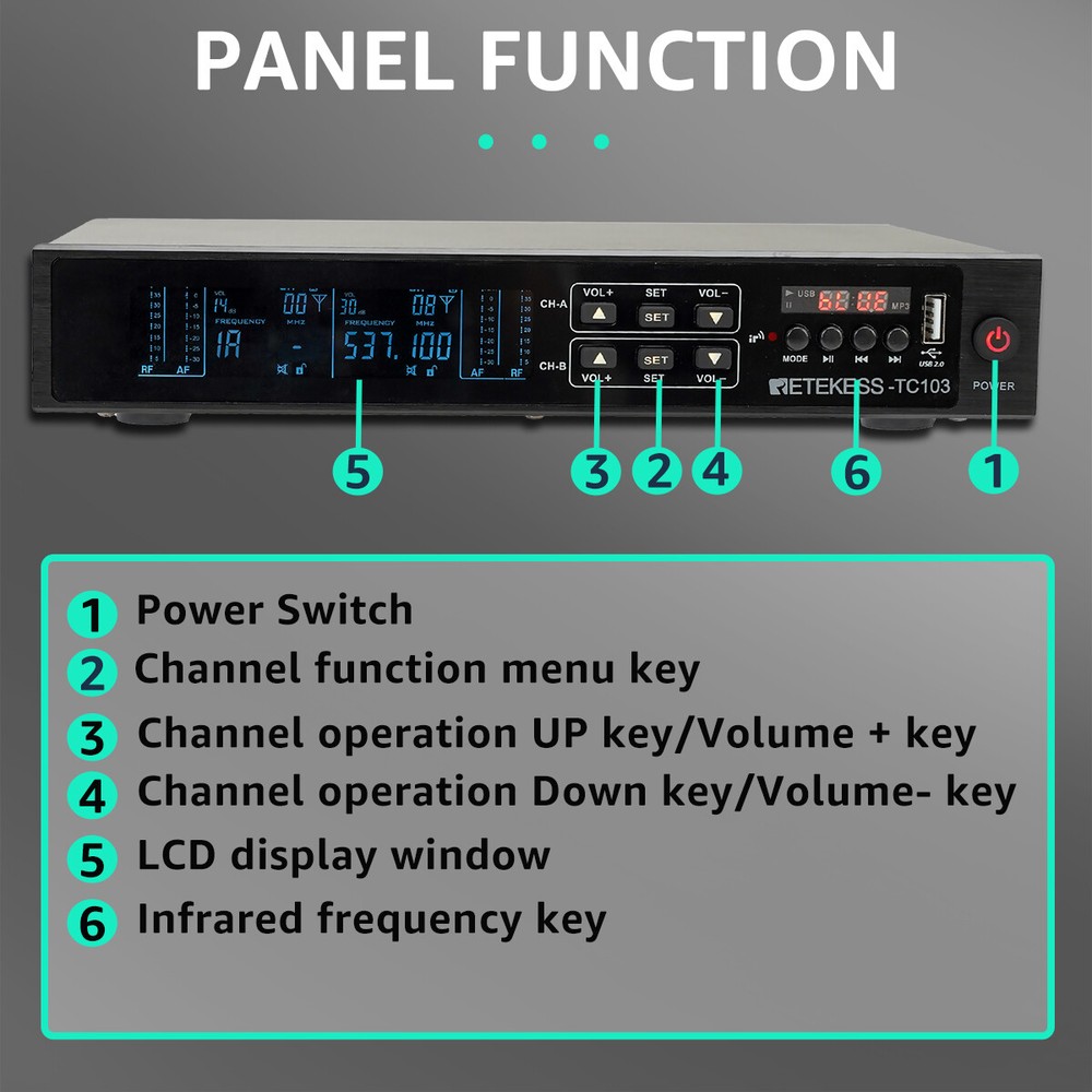 Retekess TC103 Wireless Microphone System Bluetooth 5.0 Handheld Dual Channel