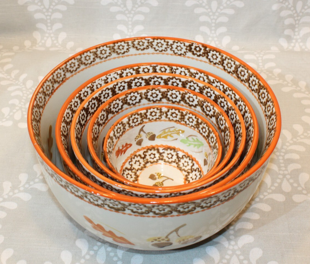 5 PC Temptations Old World Stacking Nesting Mixing Bowl Set - Fall/Autumn Acorns