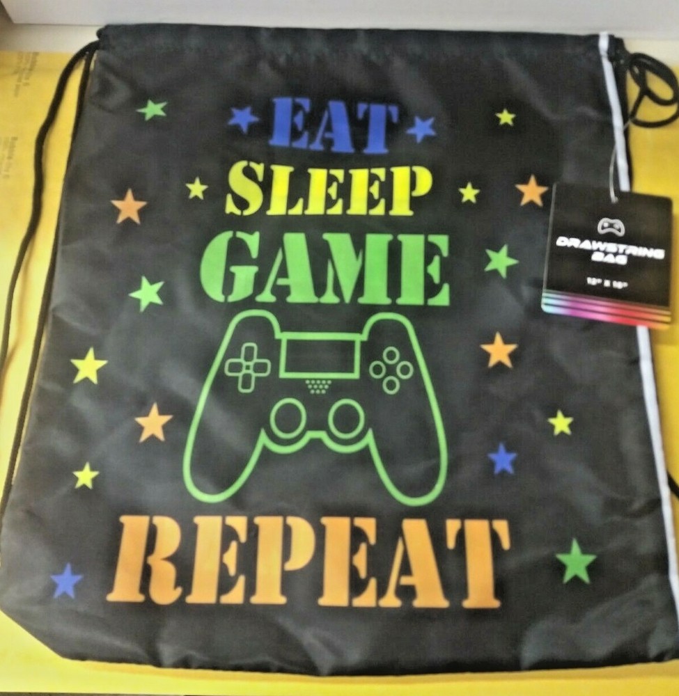 Drawstring Bag “Eat, Sleep, Game, Repeat ” 12” x 16” Multi-colored