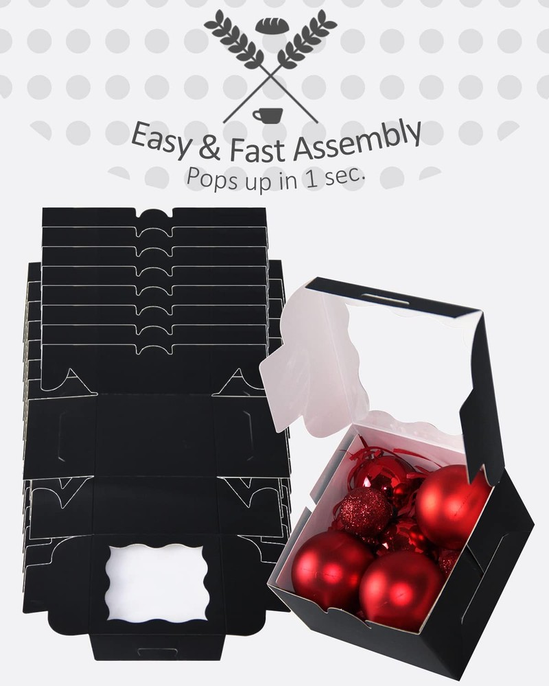 100 PCS Black Bakery Boxes With Window 4x4x2.5 Inch Mini Cookie Donut Box