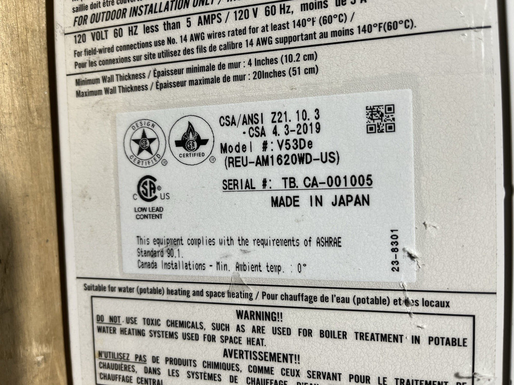Rinnai V53DeP Outdoor Tankless Water Heater 120k BTU Propane Gas (C-4 #1790)