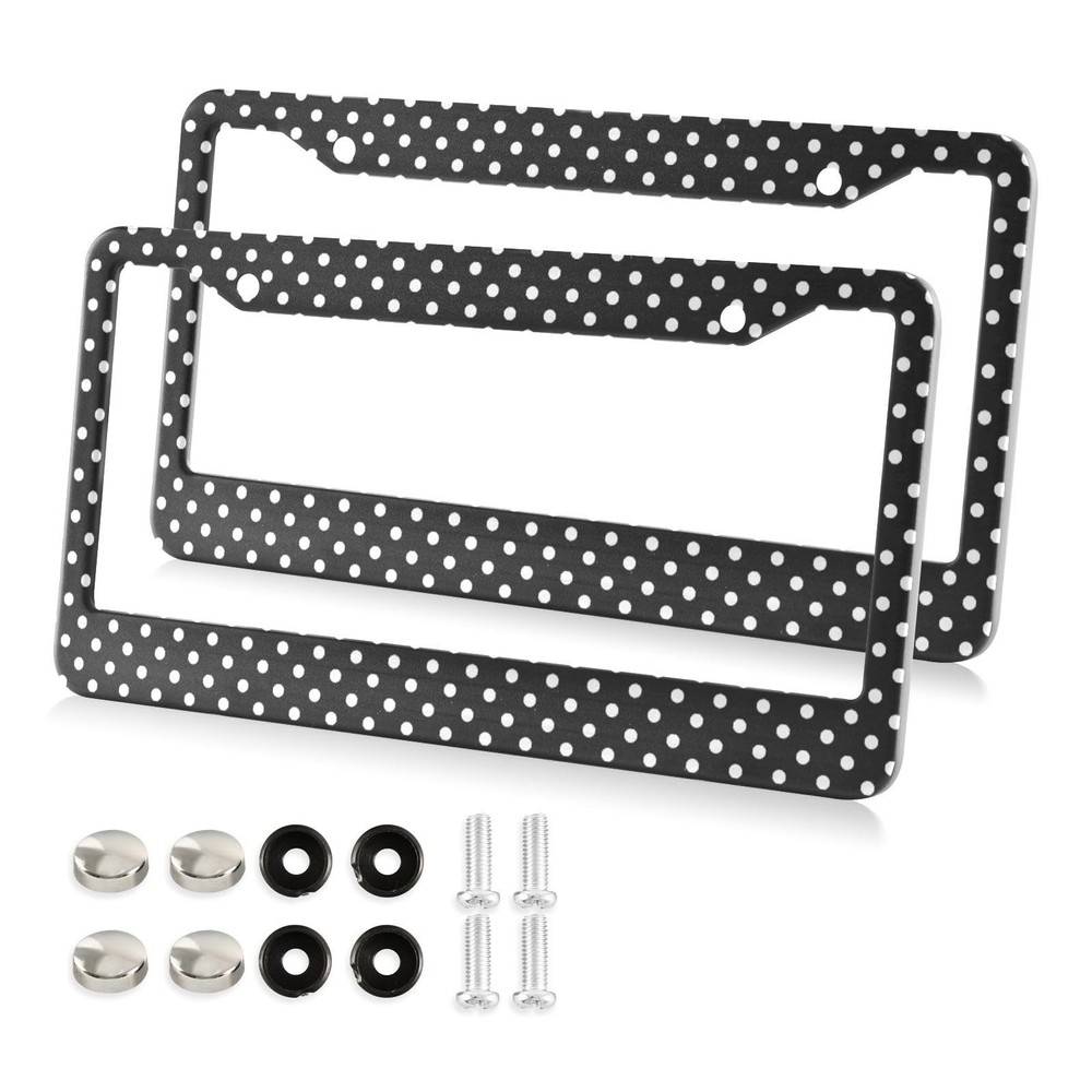 Black and White Polka Dot License Plate Frame - 2 Pack Universal Stainless St...
