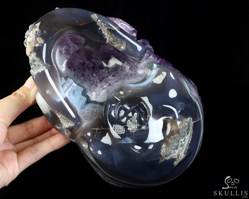Lifesized 7.4" Agate Amethyst Geode Hand Carved Crystal Skull, Super Realistic