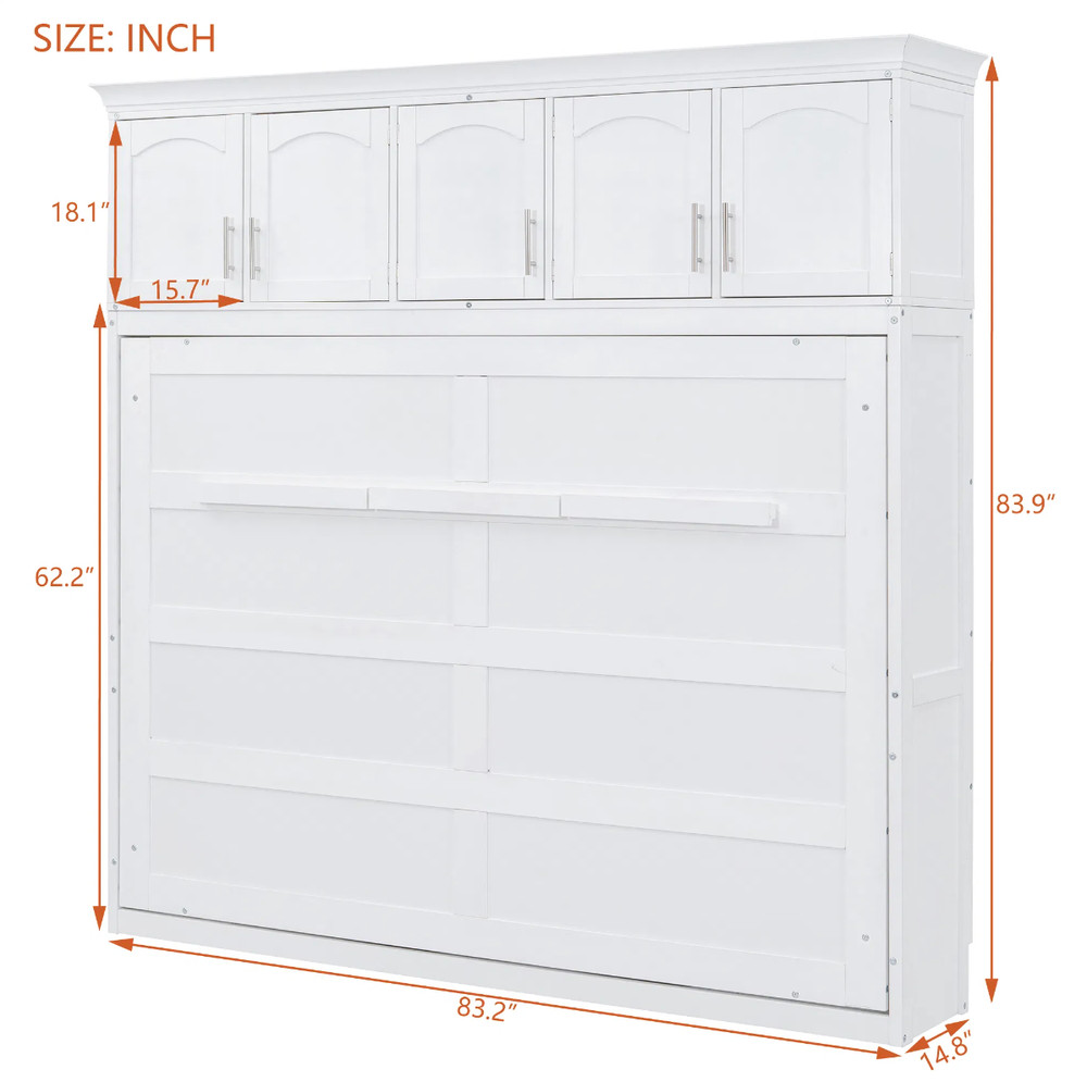 Modern Bed Frame Full Size Murphy Bed Wall Bed with Top Cabinets Bedroom White