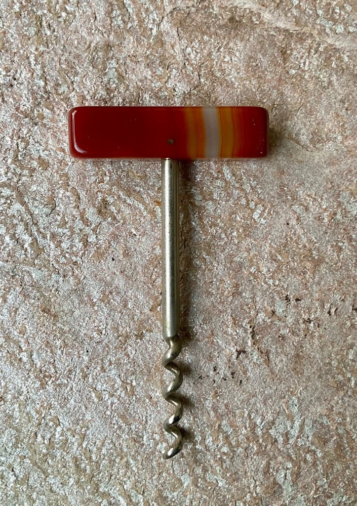 Vintage Corkscrew with Polished Carnelian Agate Stone Handle ~ 4.25"