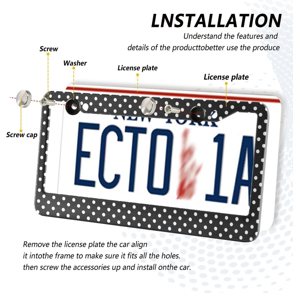 Black and White Polka Dot License Plate Frame - 2 Pack Universal Stainless St...