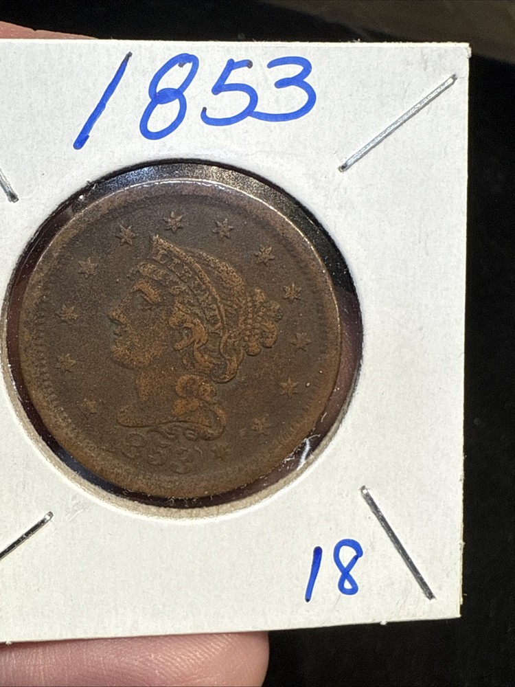 1853 Braided Hair Large Cent Corrosion Reverse
