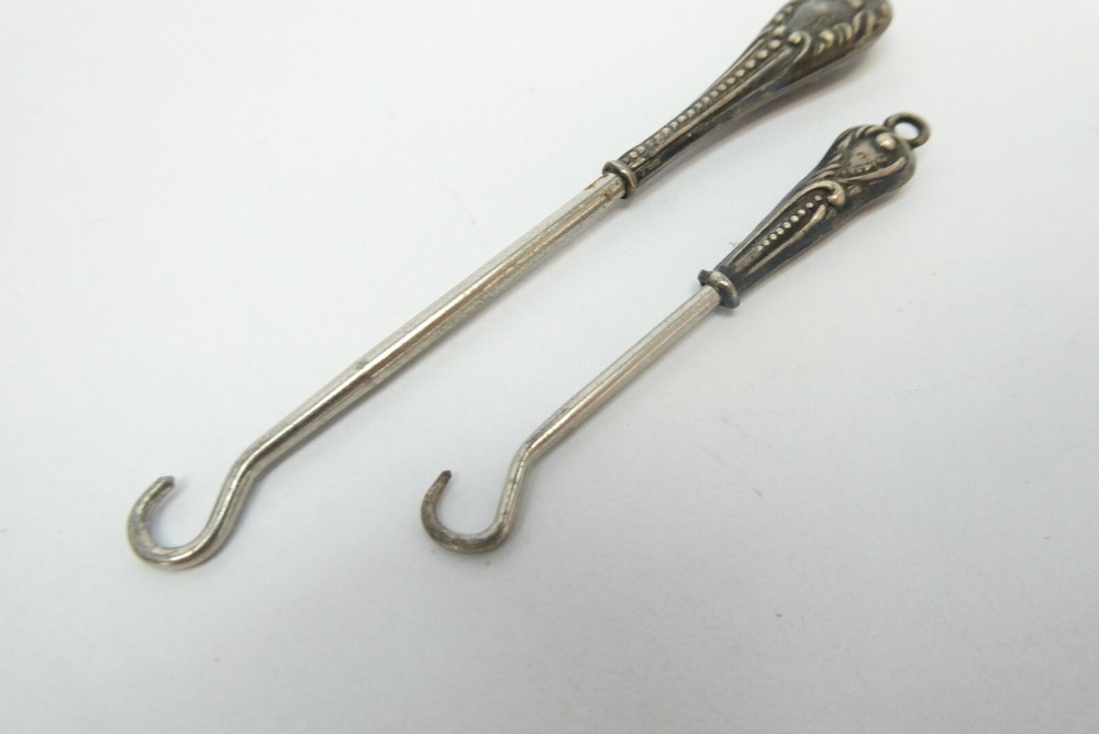 Two Small Button Hooks Sterling Silver Handles Victorian Miniature Mini