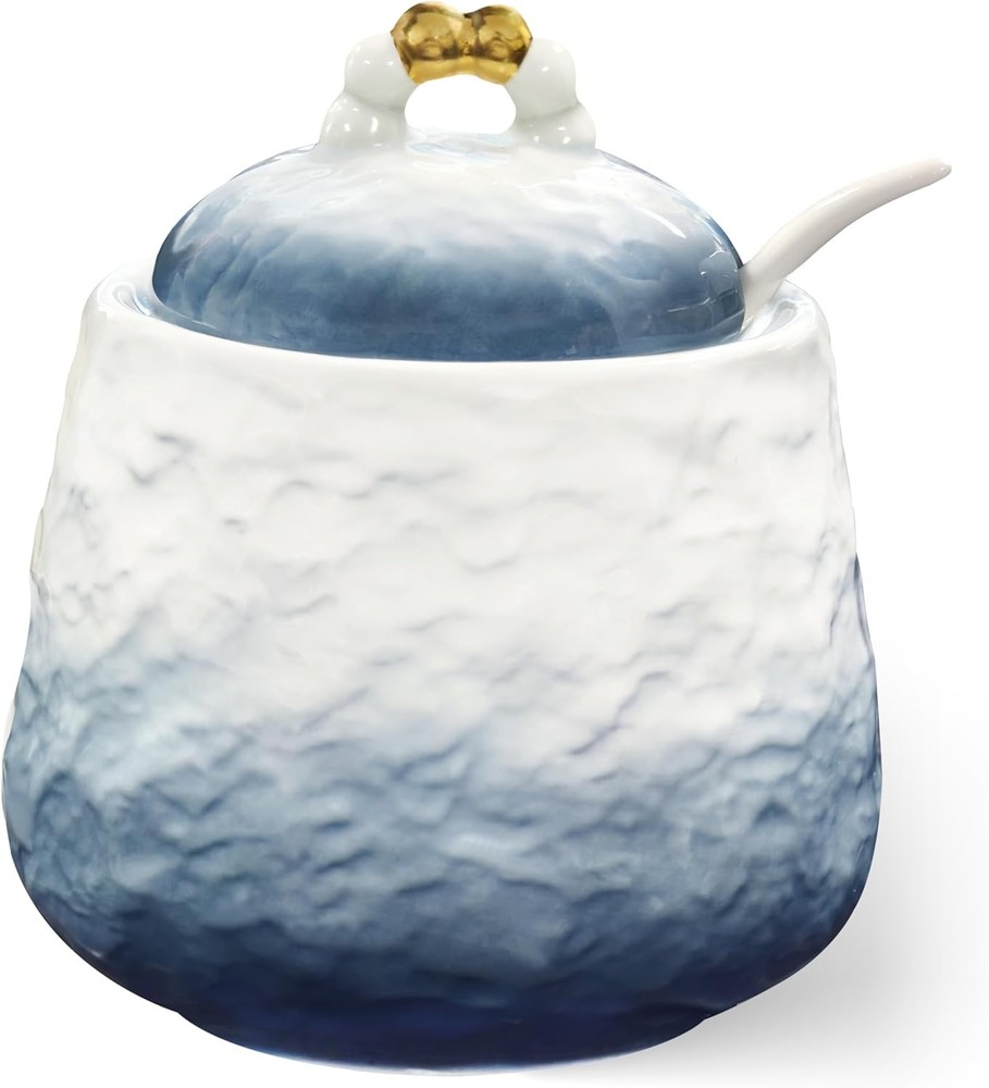 Ceramic Sugar Bowl with Lid Spoon 12oz Gradient Texture Decorative Serving