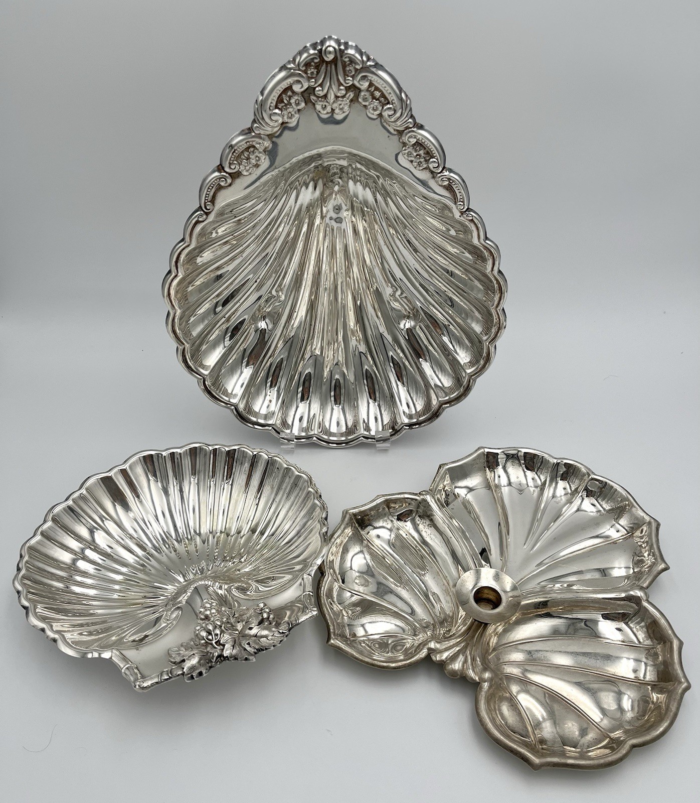 Set of 3 Vintage Silverplate Decorative Pieces 2 Shell Dishes & 1 Candle Holder