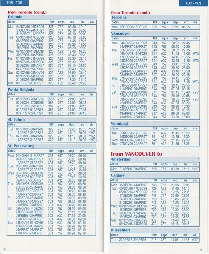 Canada 3000 timetable 1996/11/01