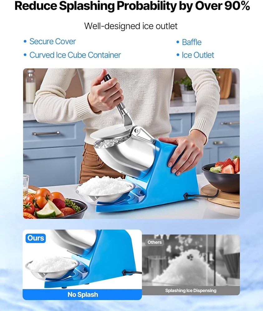 Ice Crusher Machine - 286lbs/hr Electric Snow Cone Maker, Compact Design
