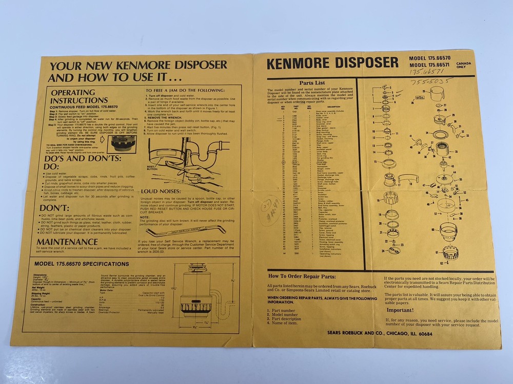 Sears Kenmore Garbage Disposer Installation Operating Instructions 175.66570