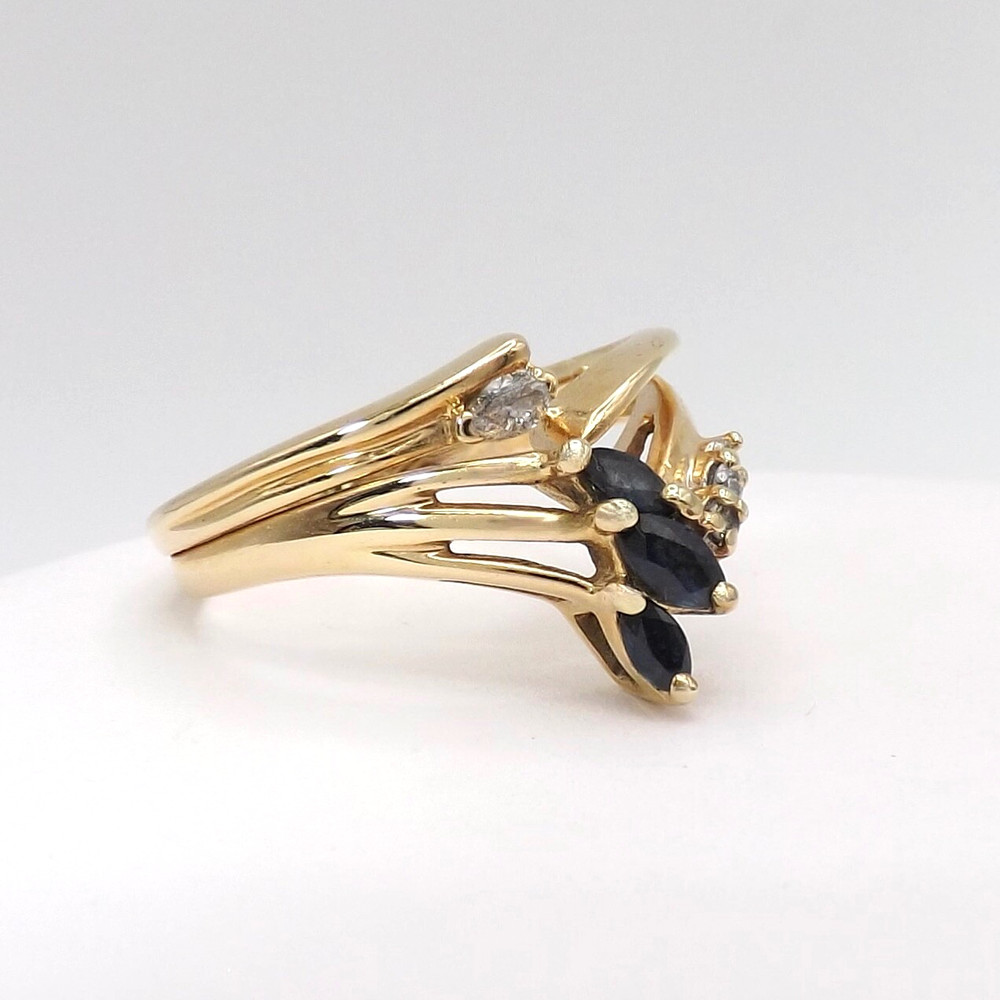 Solid 14k Gold Marquise Natural Sapphire Diamond Ring V Notched Setting sz8