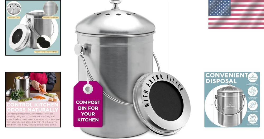 Durable 1.3 Gallon Stainless Steel Compost Bin - Eco-Friendly Kitchen Essential