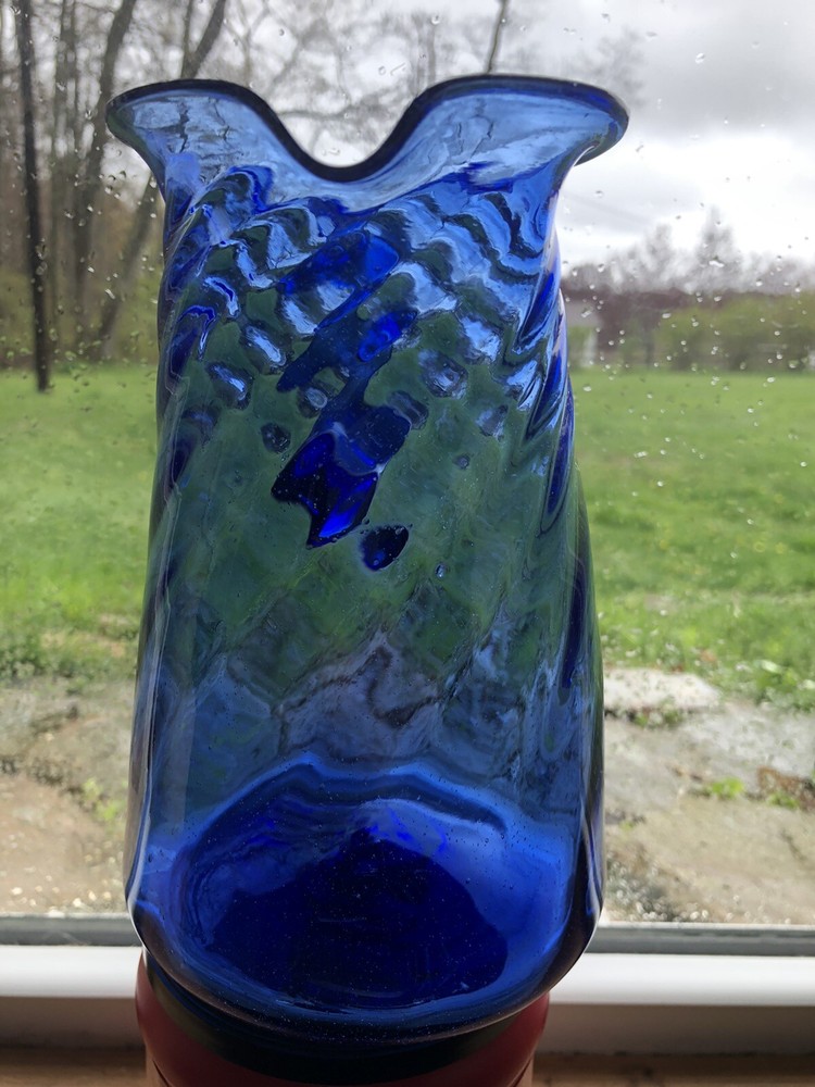 Large Cobalt Swirl Blown Glass Pitcher