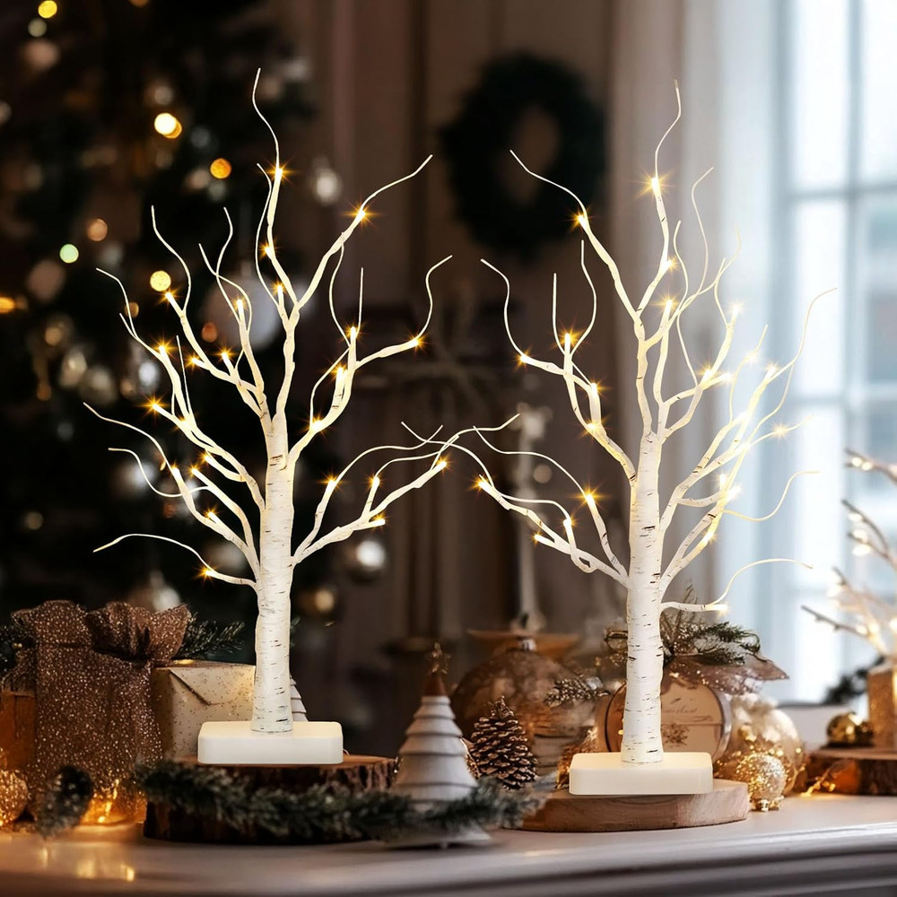 Lighted Birch Tree, 2 Pack Christmas Tree with 24 LED, Tabletop Centerpiece A...
