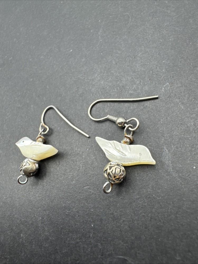 Native Inspired Dangle Drop MOP Bird 1” Earrings Silver Tone