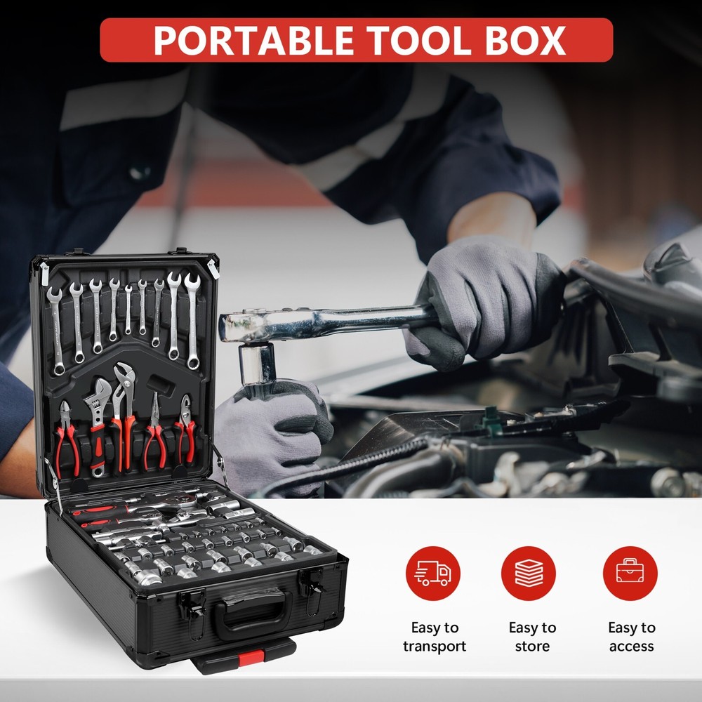 910-Pc Pro Tool Set w/4-Drawer Rolling Case - Complete Home & Auto Kit, Black