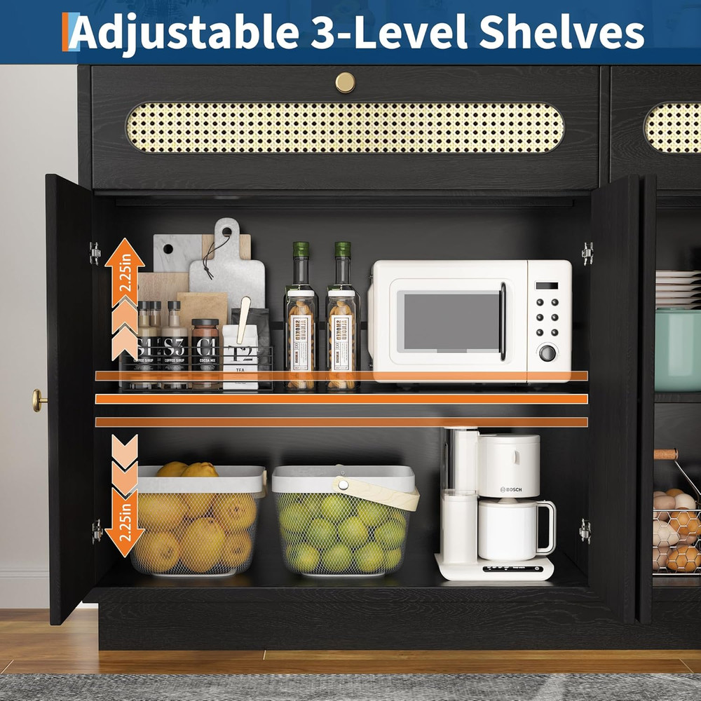 Stylish 60'' Rattan Sideboard Buffet Cabinet with Storage & Adjustable Shelves