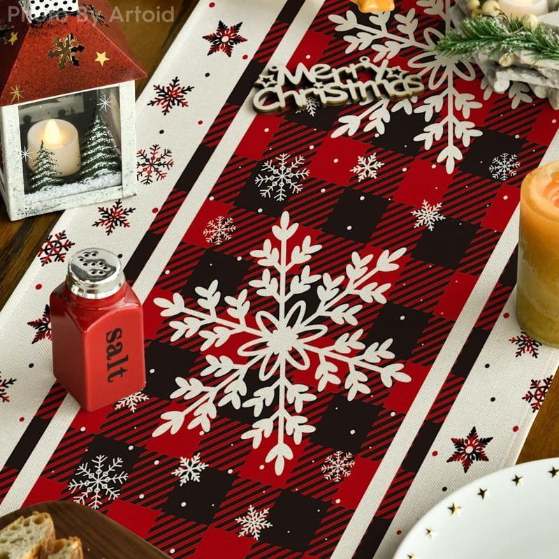 Durable Polyester Table Runner Modern Plaid Snowflake Design Dining Events New