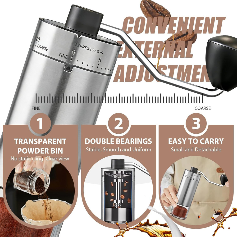 Manual Coffee Grinder 40 External Adjustable Settings, Ceramic Conical Burr Stai