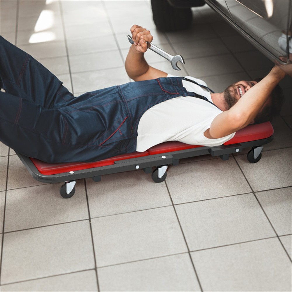 Rolling Foldable Mechanic Stool 6 Wheels Padded Seat 2-in-1 Garage Workshop