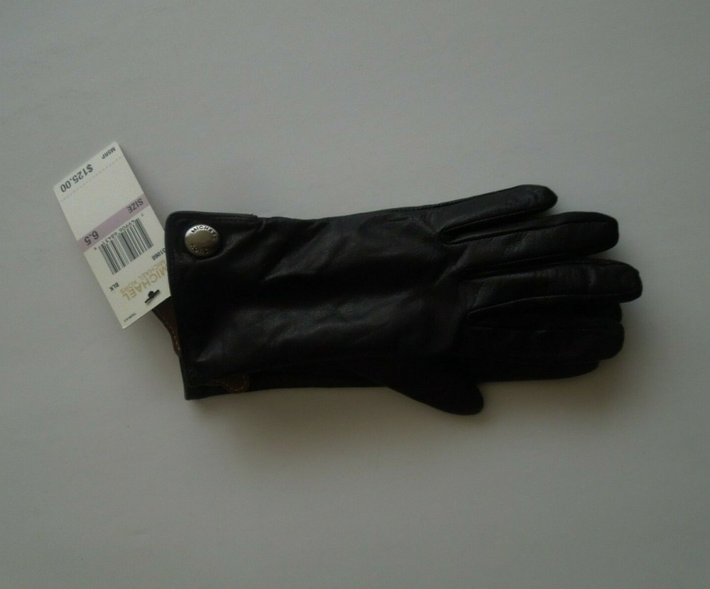 NWT Michael Kors Black Leather Gloves w Silver Button Size 6.5