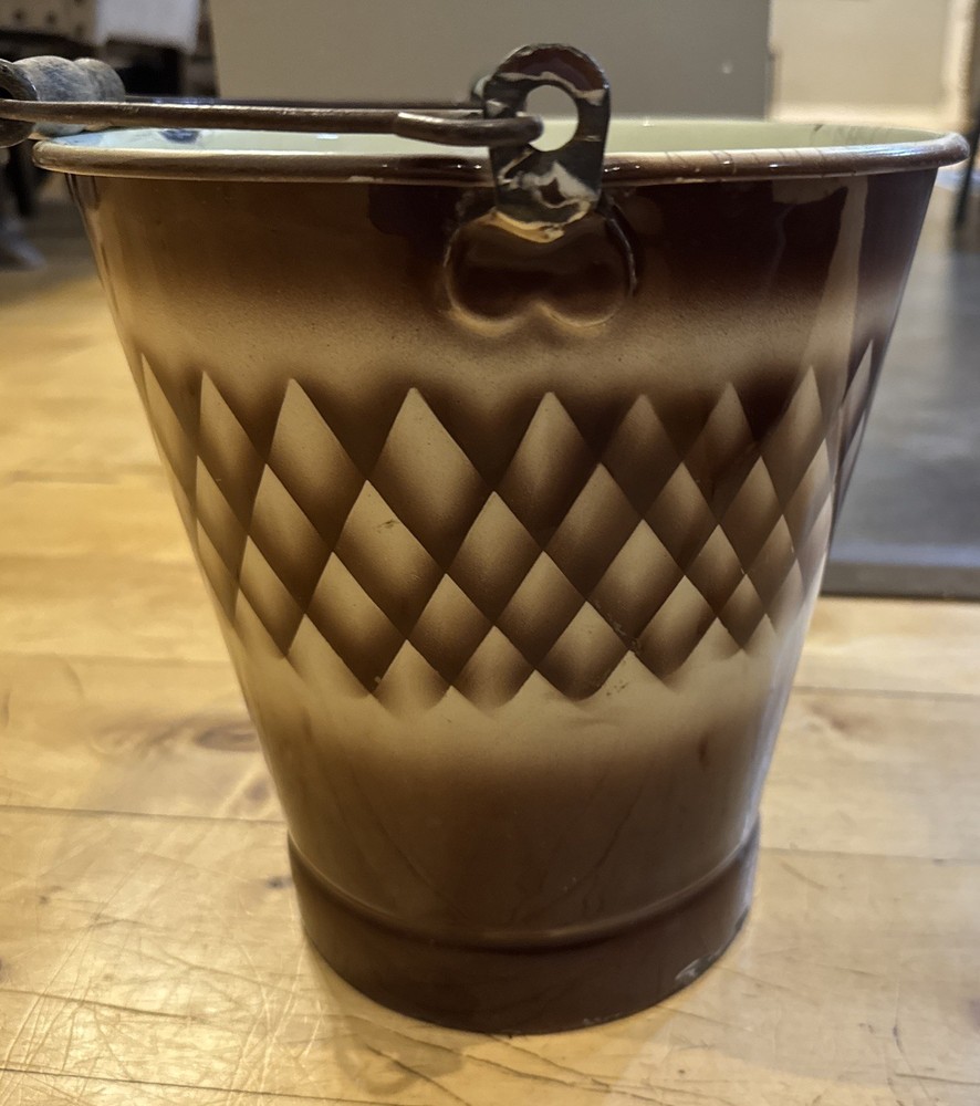 Vintage Enamelware Brown White Two Tone Diamond Cut Pattern Pail Bucket Rare