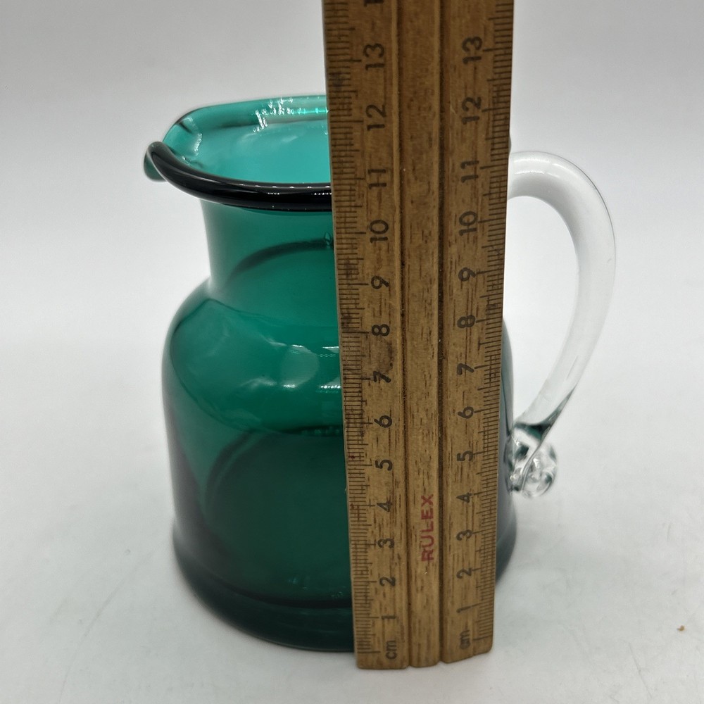 Green Handblown Art Glass Jug Pitcher Clear Applied Handle