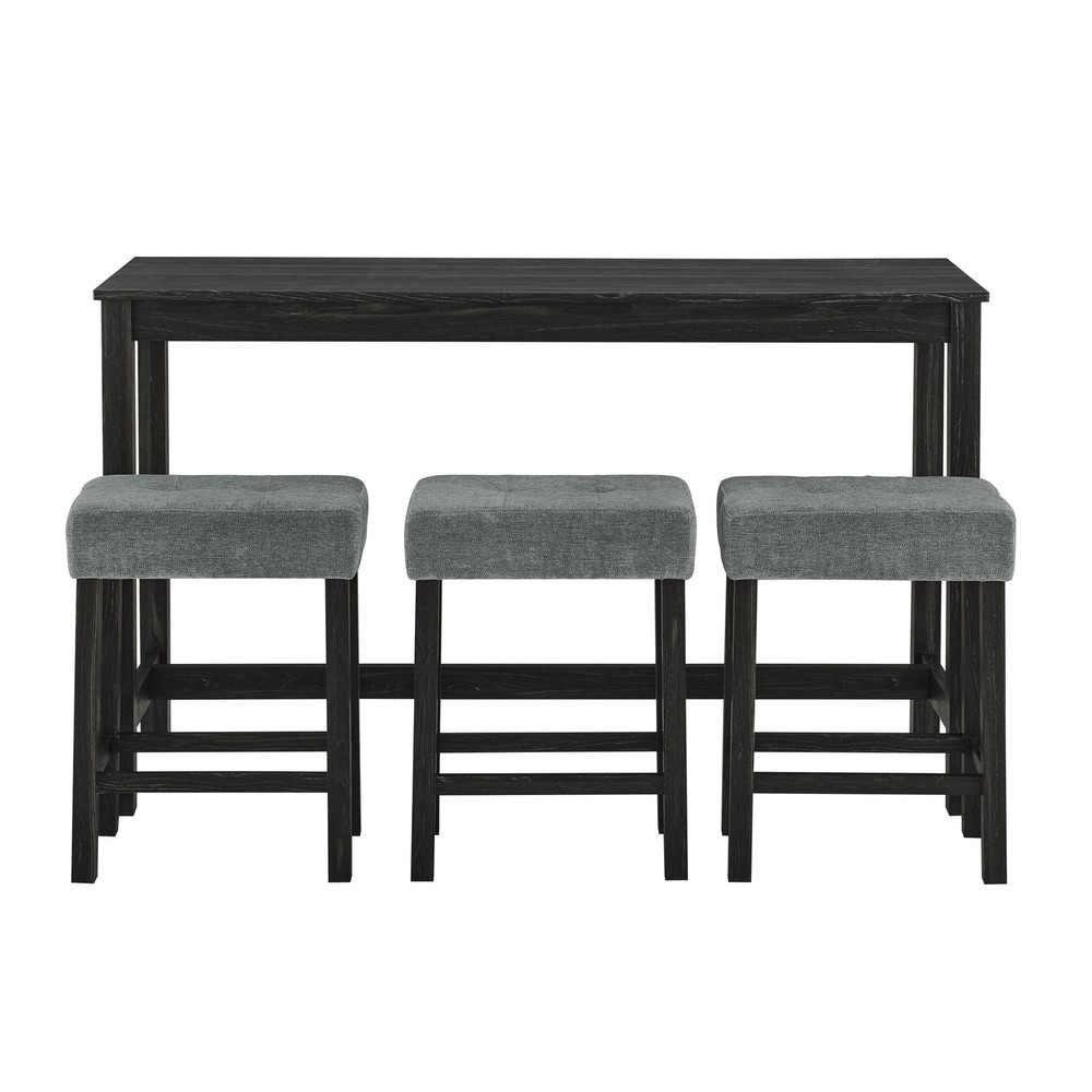 A 4-piece set, a sofa table with power sockets, and 3 upholstered stools