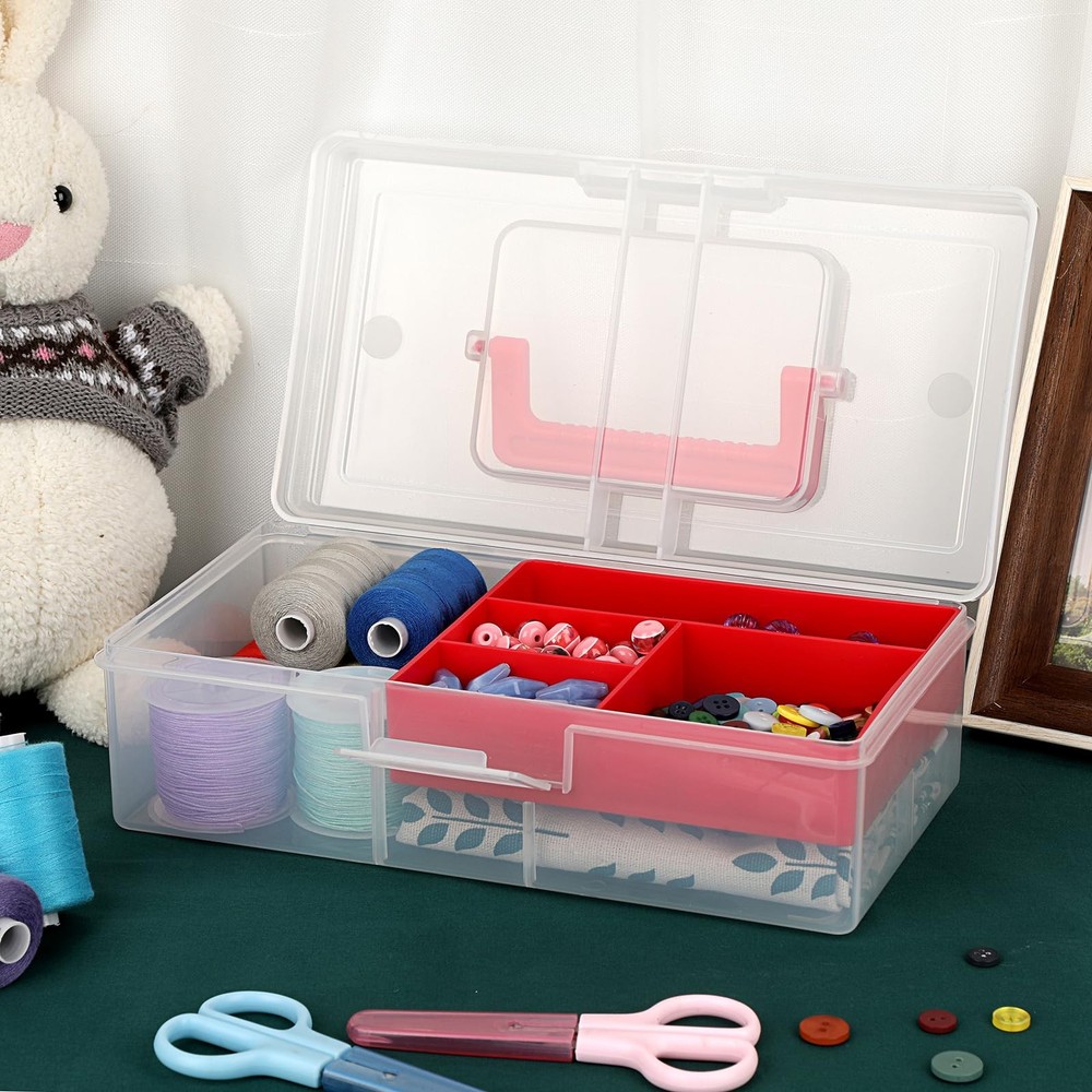 Clear Plastic Storage Box with Tray Handle Craft Sewing Organizer 2 Pack