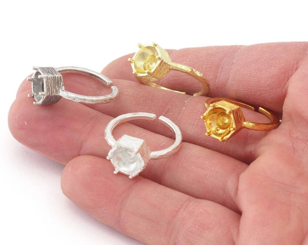 Hexagonal Brushed Edge Base Adjustable Ring Shiny Silver-Gold raw brass 4718