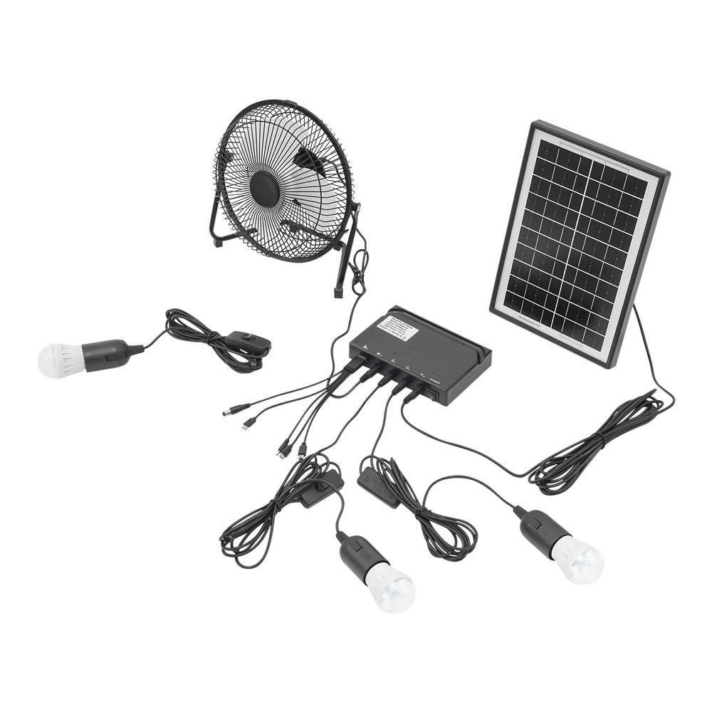 Solar Power Panel Kit Outdoor Camping USB Charging System W/ LED Light & 8" Fan