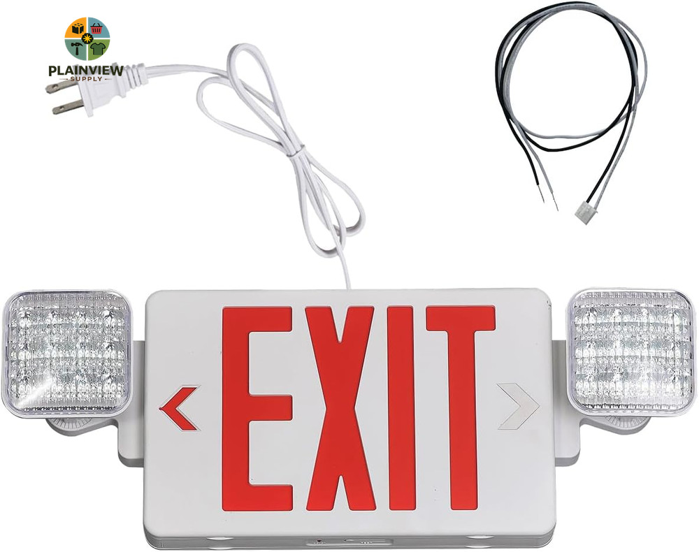Red Exit Sign with Emergency Lights, 1.0 Meter Plug in Exit Sign with Battery Ba