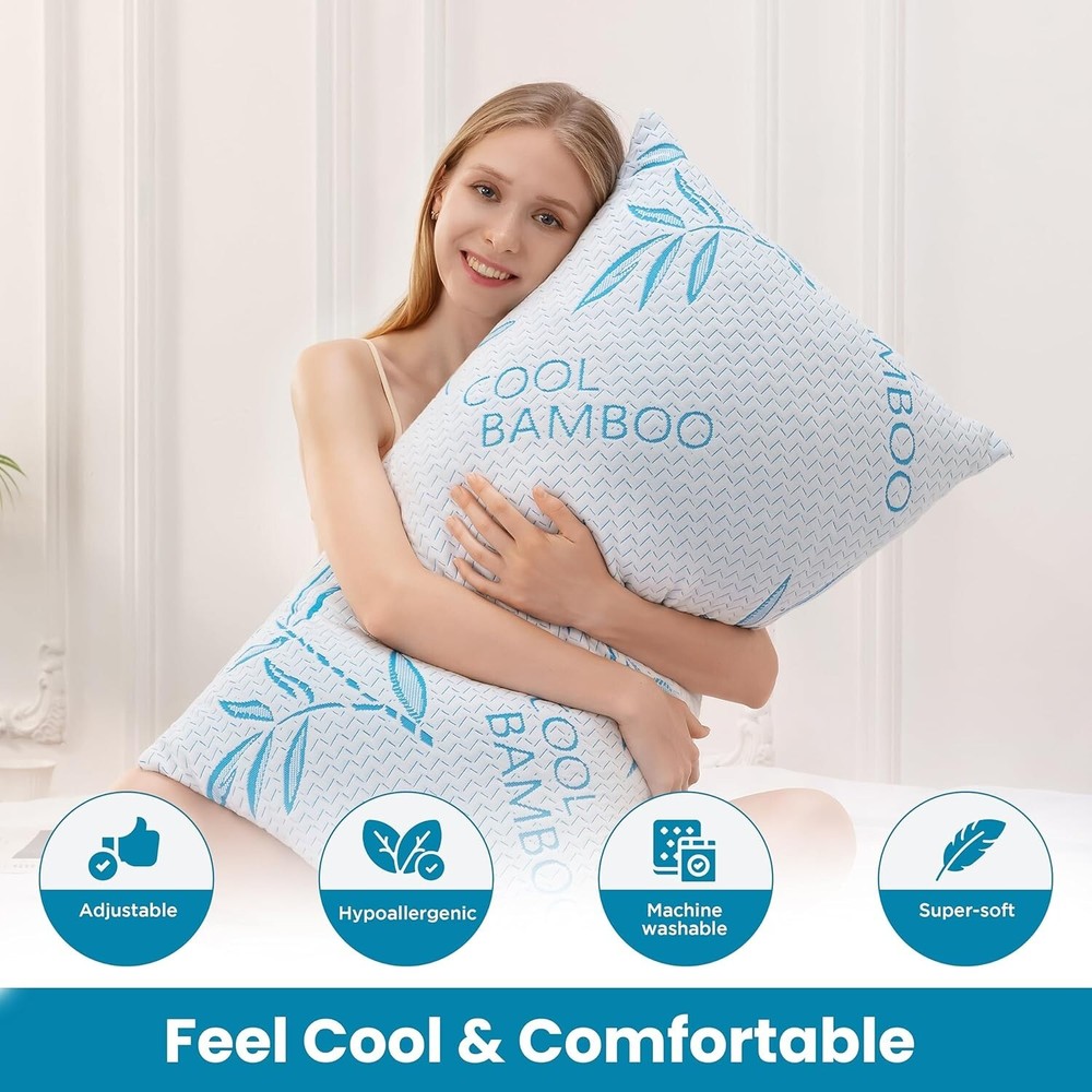 Memory Foam Pillows- Cooling Bamboo Pillows for Sleeping-Adjustable and Washable