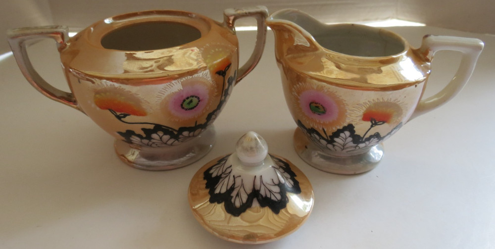 Orange Lusterware Double Handle Sugar Bowl & Creamer Set Hand Painted