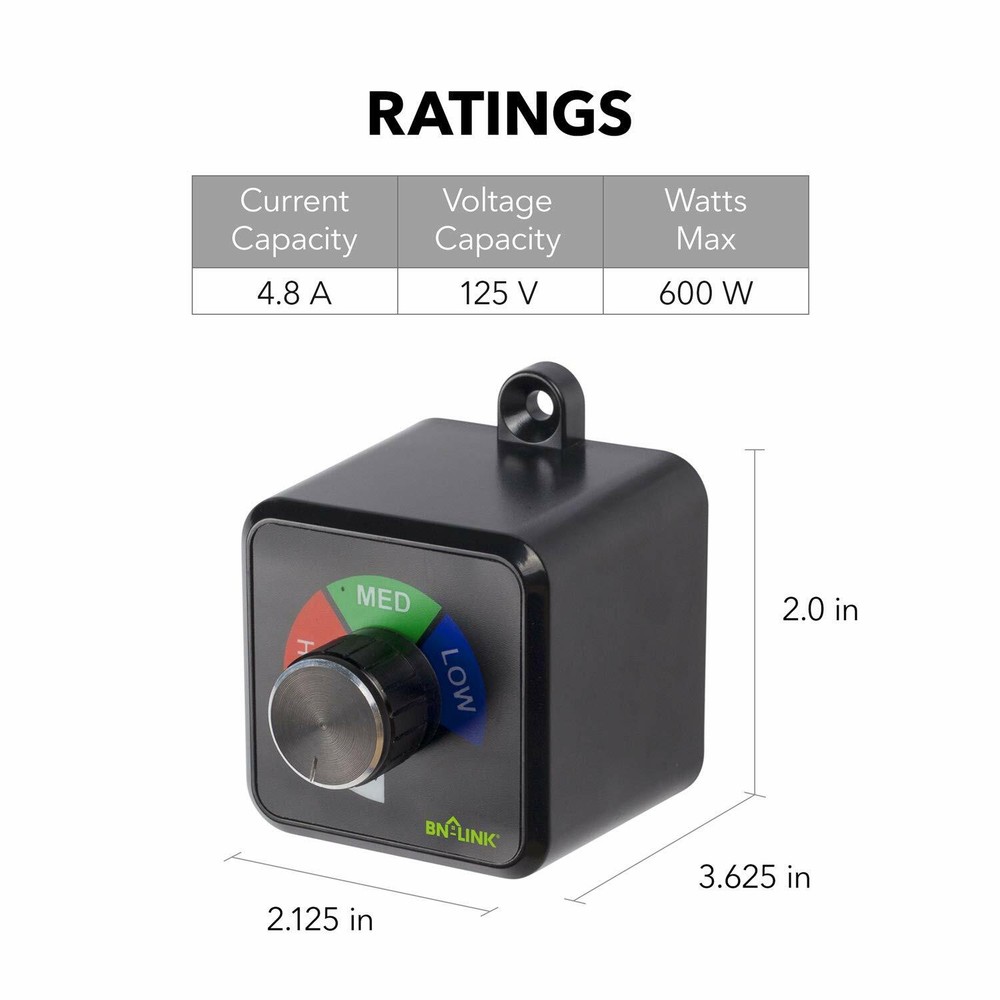 BN-LINK Exhaust Fan Speed Controller Variable 3Speed Adjuster Cordless 4.8A/600W