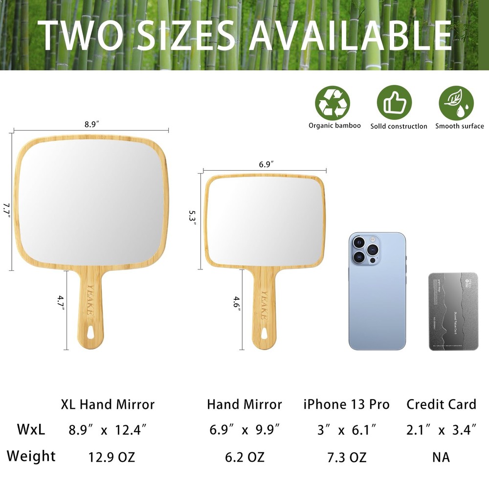 Hand Mirror,Natural Bamboo Handheld Mirror with Handle, Single-Sided Portable...
