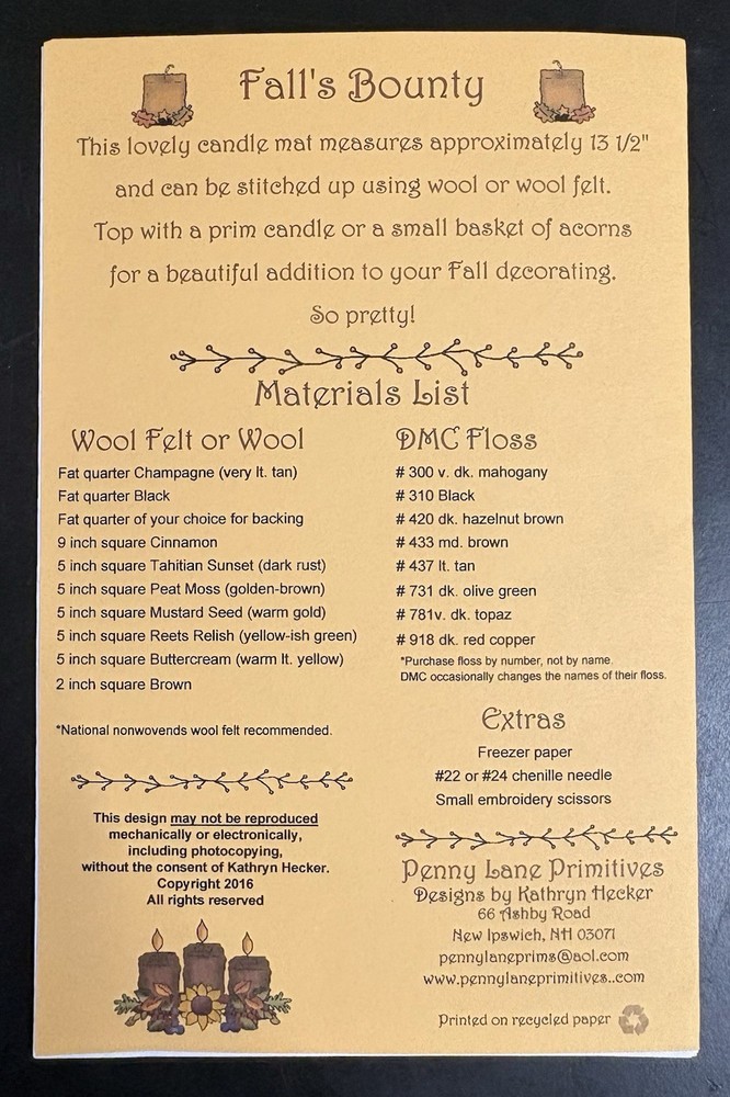 Fall Bounty Candlemat Wool Applique’ Pattern by Penny Lane Primitives