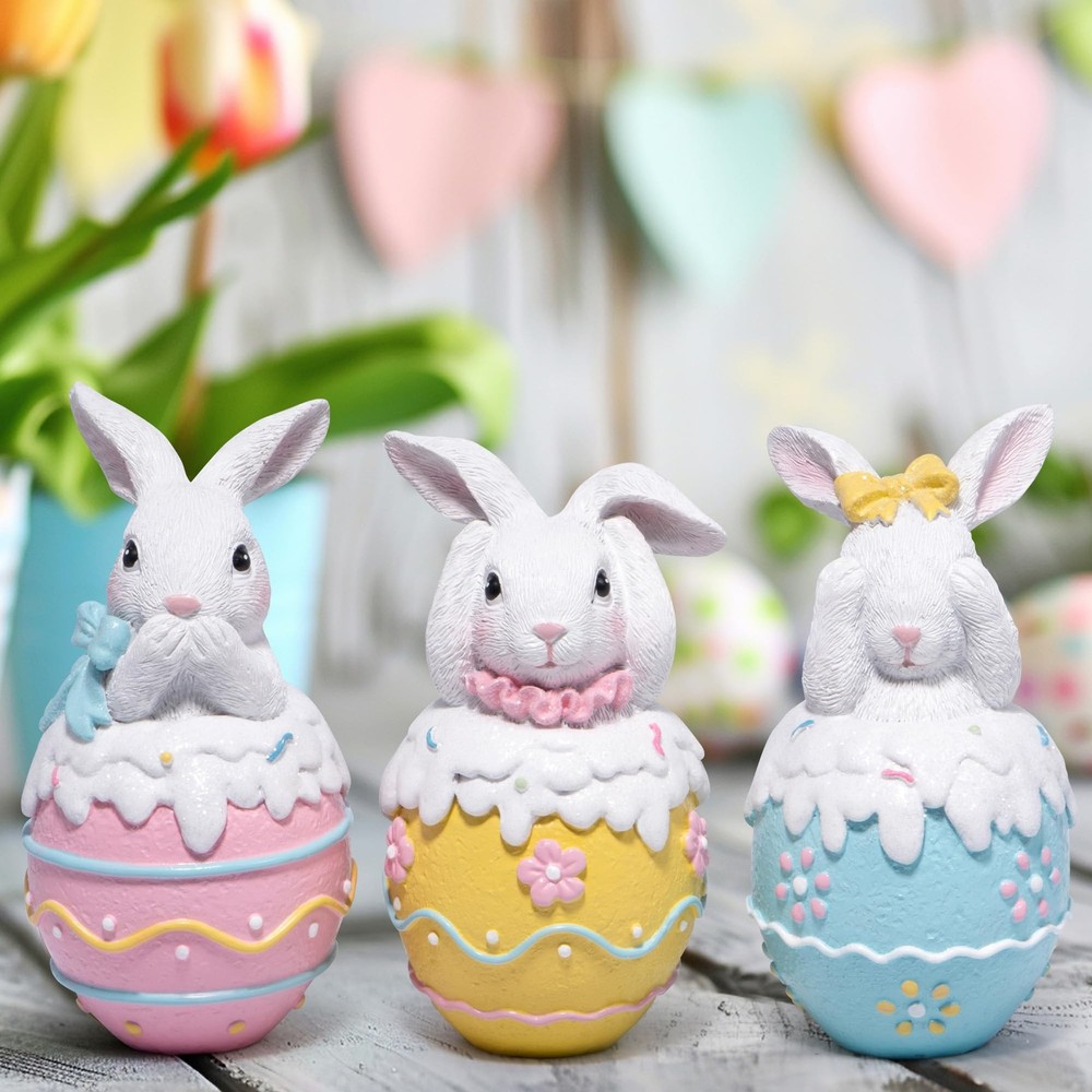 Hodao 3PCS Easter Day Bunny Decoration Set - White Rabbit Figurines - Easter ...