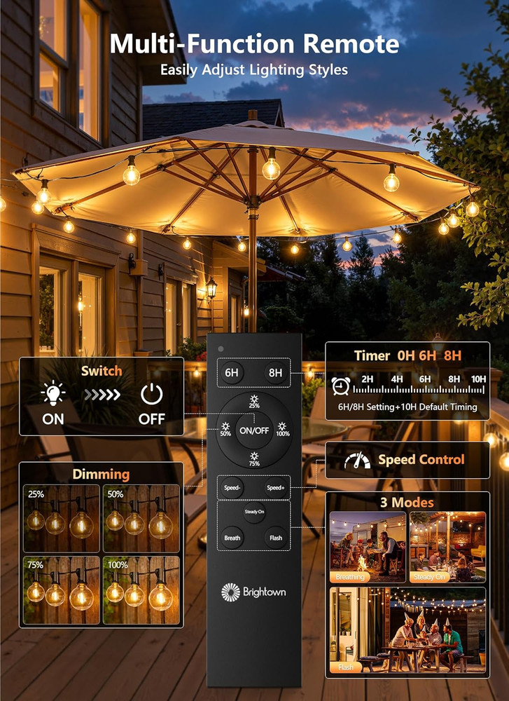 Outdoor String Lights with Remote, 100Ft Outside Waterproof Light with Dimmable