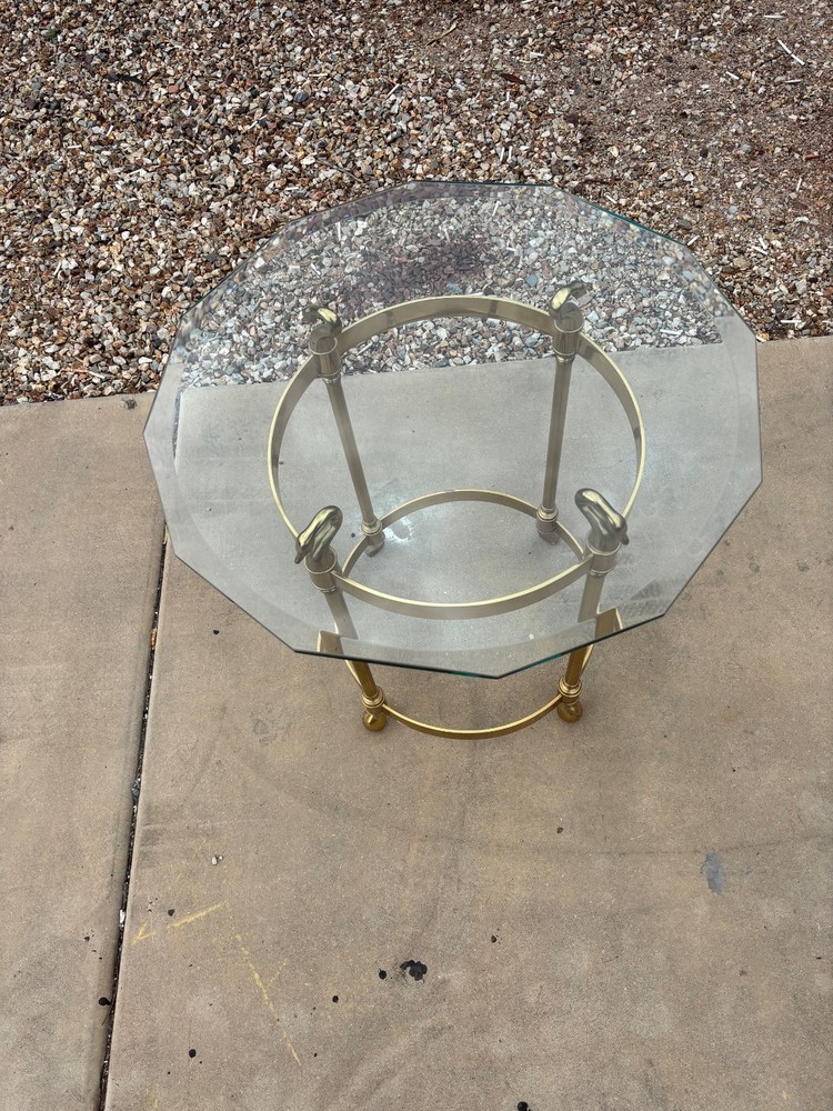 French Style Solid Brass Swans Head End Table with Beveled Glass Top